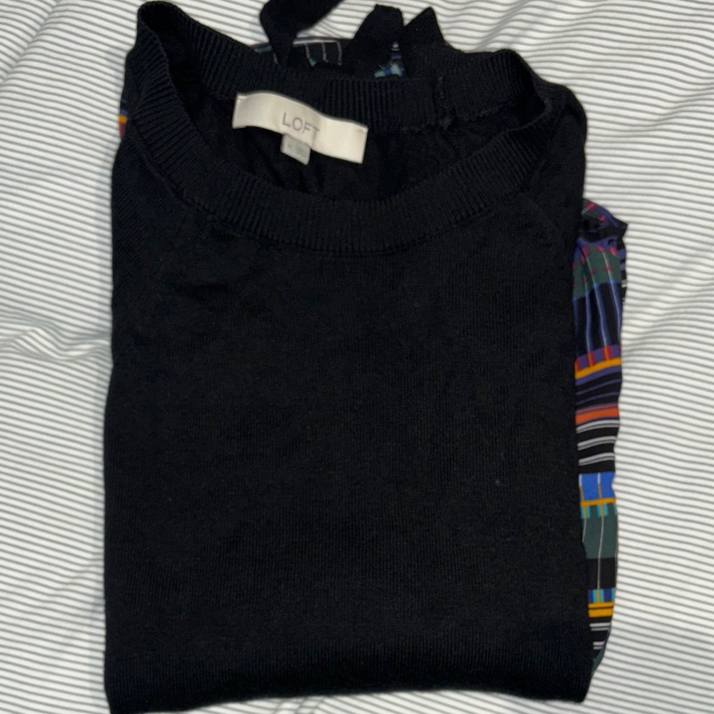 LOFT Black Crewneck Women’s Sweater with Bow Sleeves and Colourful Back
